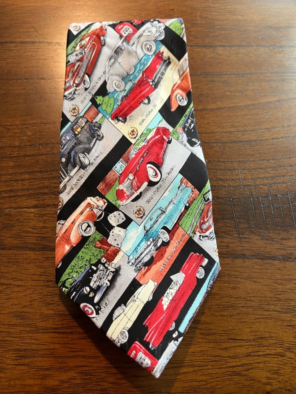 Nicole Miller 1997 100% Silk Tie Hand Sewn with Multicolor Vintage Car Print